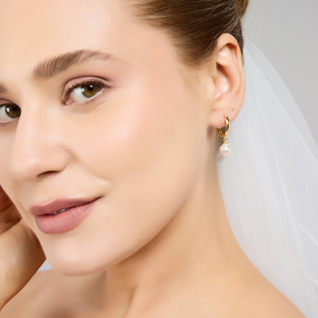 Gold Plated Pearl Drop Bridal Hoop Earrings - Philip Jones Jewellery