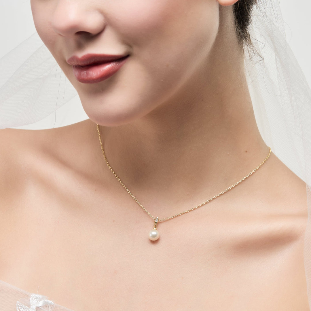 Gold Plated Pearl Drop Bridal Necklace Created with Zircondia® Crystals - Philip Jones Jewellery