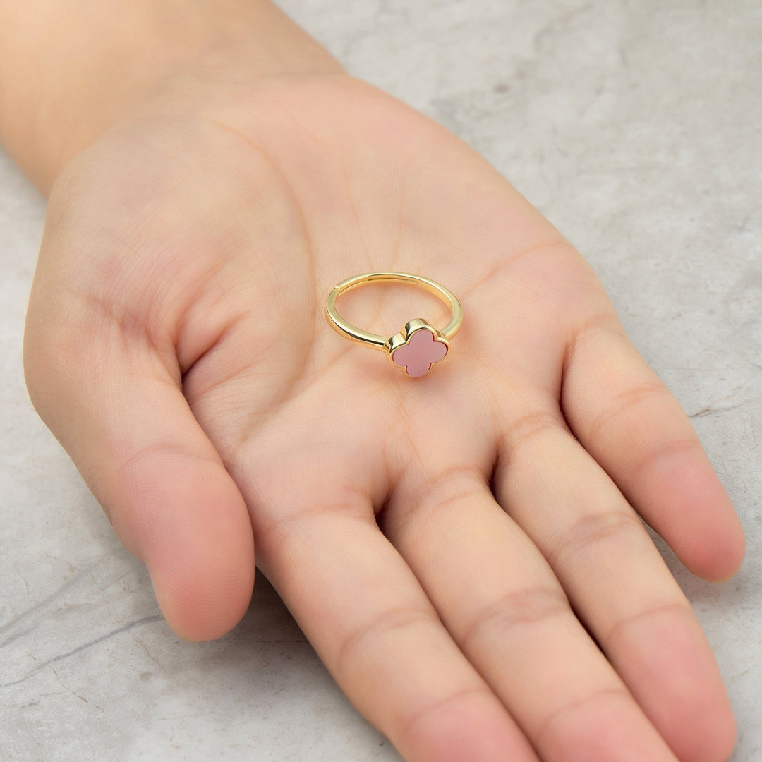 Gold Plated Pink Mother of Pearl Gemstone Adjustable Clover Ring - Philip Jones Jewellery