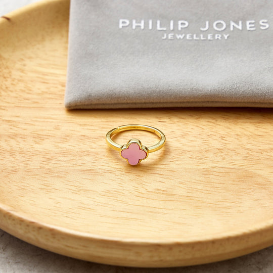 Gold Plated Pink Mother of Pearl Gemstone Adjustable Clover Ring - Philip Jones Jewellery