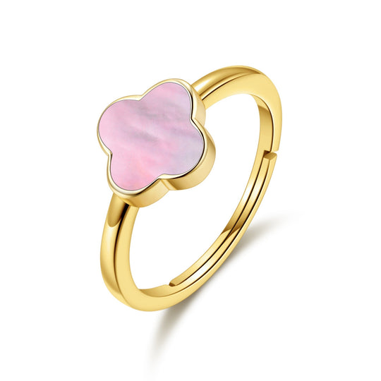 Gold Plated Pink Mother of Pearl Gemstone Adjustable Clover Ring - Philip Jones Jewellery
