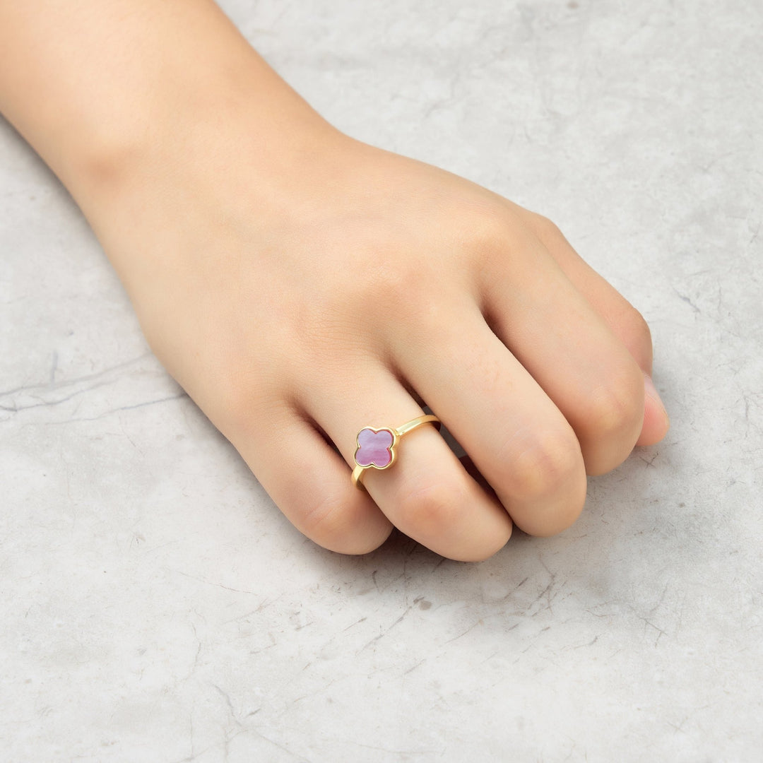Gold Plated Pink Mother of Pearl Gemstone Adjustable Clover Ring - Philip Jones Jewellery