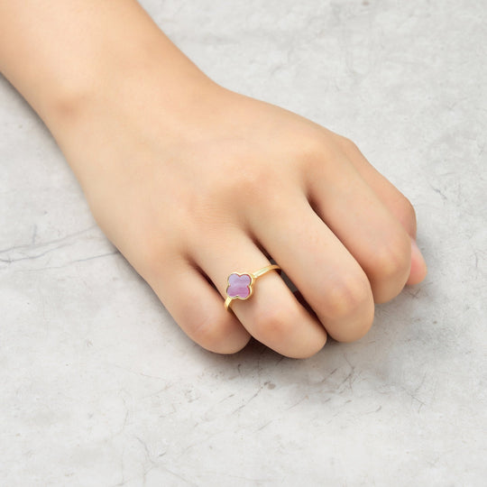 Gold Plated Pink Mother of Pearl Gemstone Adjustable Clover Ring - Philip Jones Jewellery