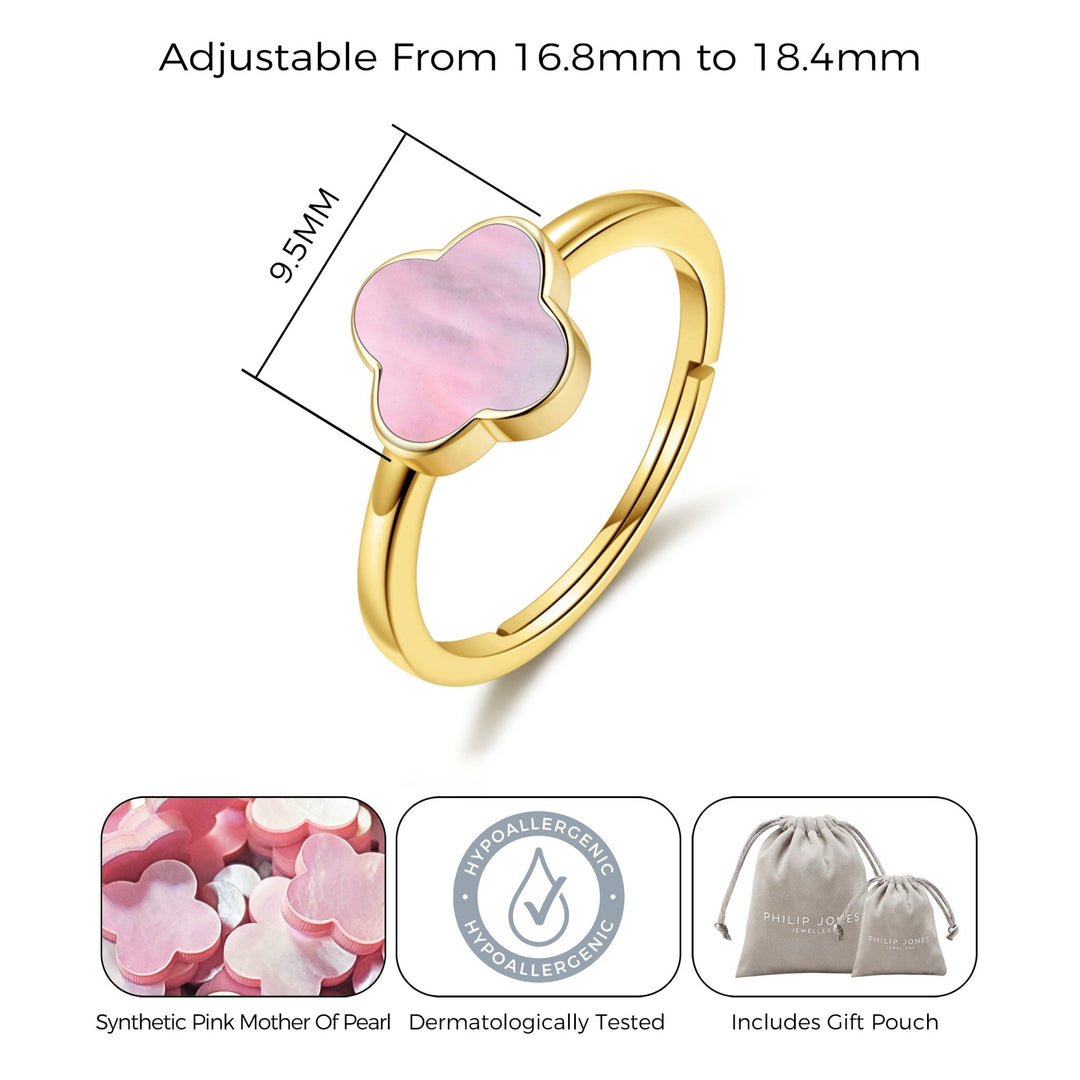 Gold Plated Pink Mother of Pearl Gemstone Adjustable Clover Ring - Philip Jones Jewellery