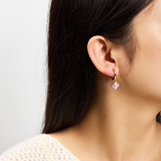 Gold Plated Pink Mother of Pearl Gemstone Clover Charm Hoop Earrings - Philip Jones Jewellery