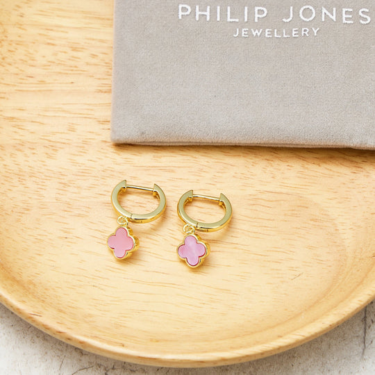 Gold Plated Pink Mother of Pearl Gemstone Clover Charm Hoop Earrings - Philip Jones Jewellery