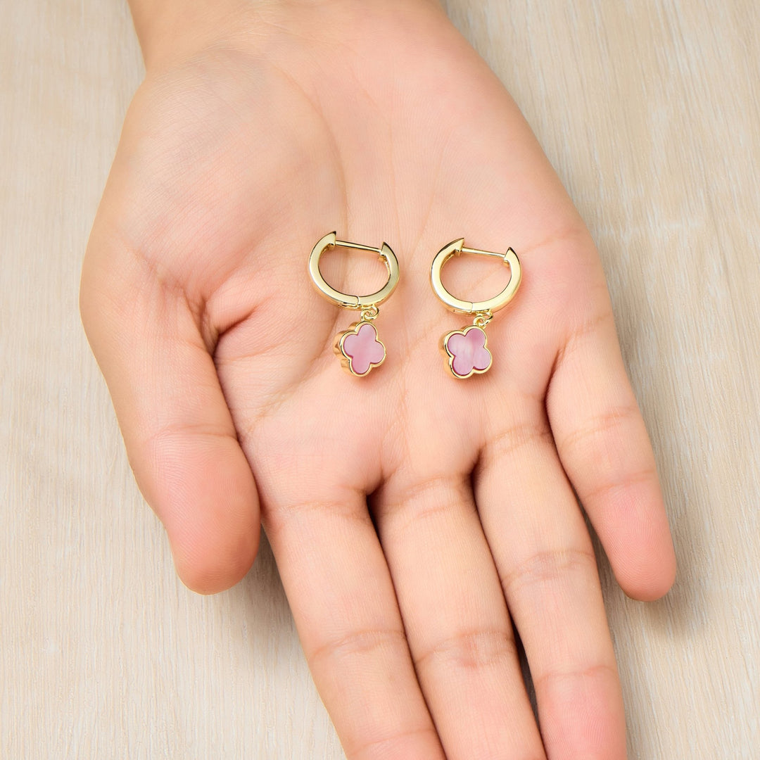 Gold Plated Pink Mother of Pearl Gemstone Clover Charm Hoop Earrings - Philip Jones Jewellery