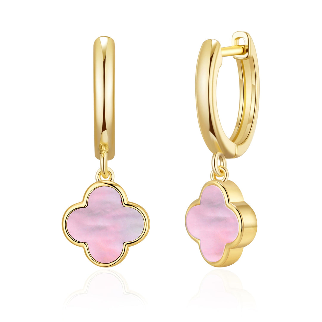 Gold Plated Pink Mother of Pearl Gemstone Clover Charm Hoop Earrings - Philip Jones Jewellery