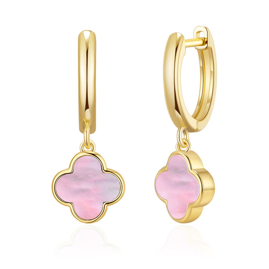 Gold Plated Pink Mother of Pearl Gemstone Clover Charm Hoop Earrings - Philip Jones Jewellery