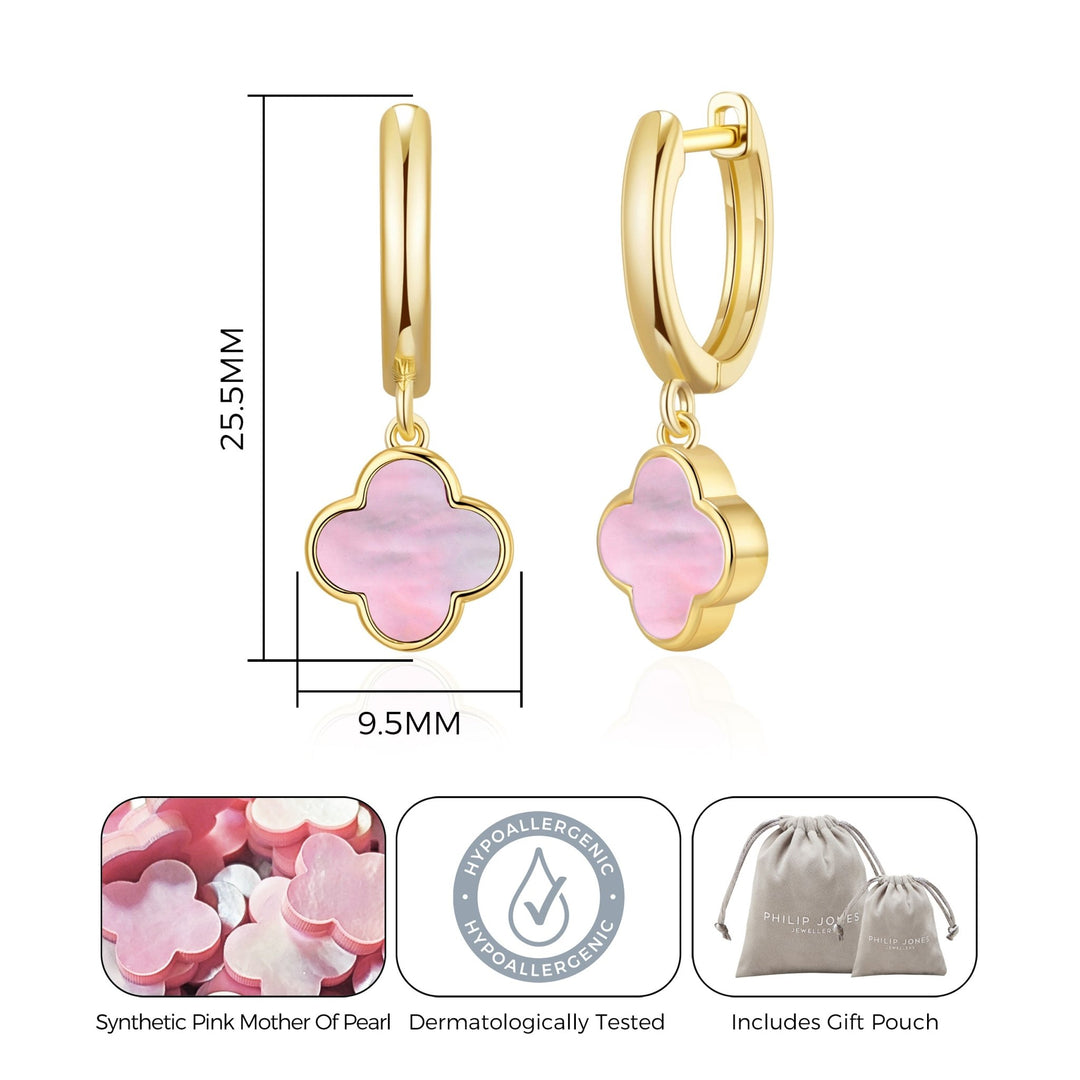 Gold Plated Pink Mother of Pearl Gemstone Clover Charm Hoop Earrings - Philip Jones Jewellery