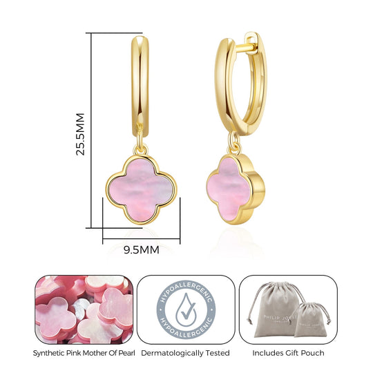 Gold Plated Pink Mother of Pearl Gemstone Clover Charm Hoop Earrings - Philip Jones Jewellery
