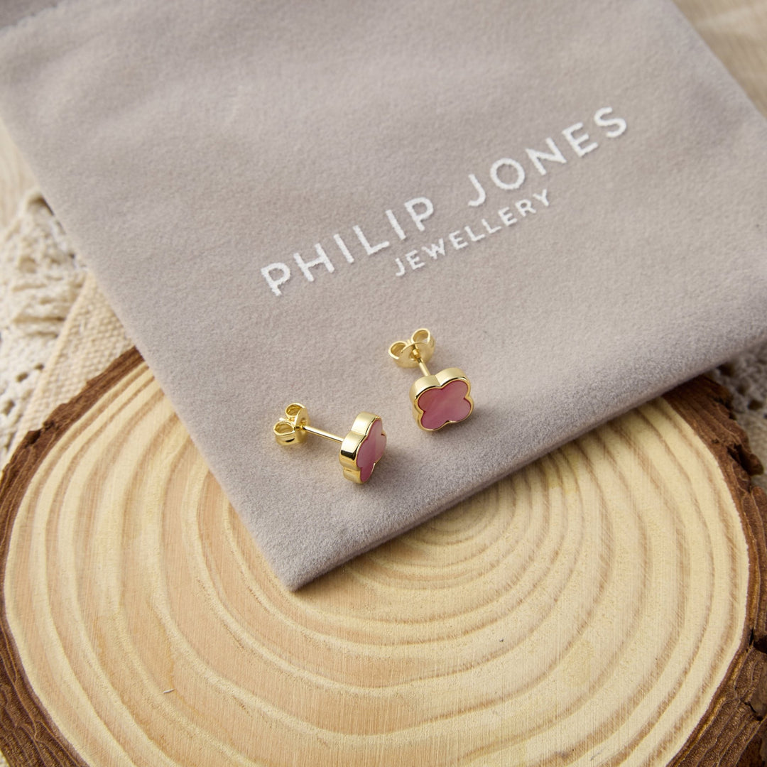 Gold Plated Pink Mother of Pearl Gemstone Clover Earrings - Philip Jones Jewellery