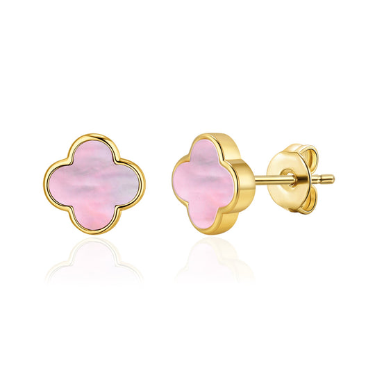 Gold Plated Pink Mother of Pearl Gemstone Clover Earrings - Philip Jones Jewellery