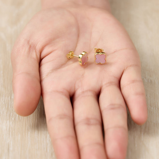 Gold Plated Pink Mother of Pearl Gemstone Clover Earrings - Philip Jones Jewellery