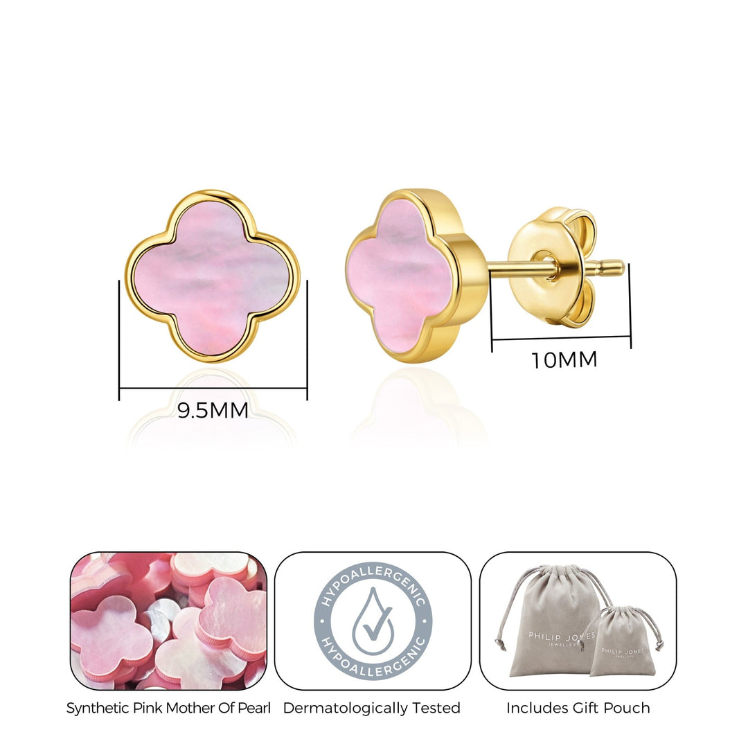Gold Plated Pink Mother of Pearl Gemstone Clover Earrings - Philip Jones Jewellery