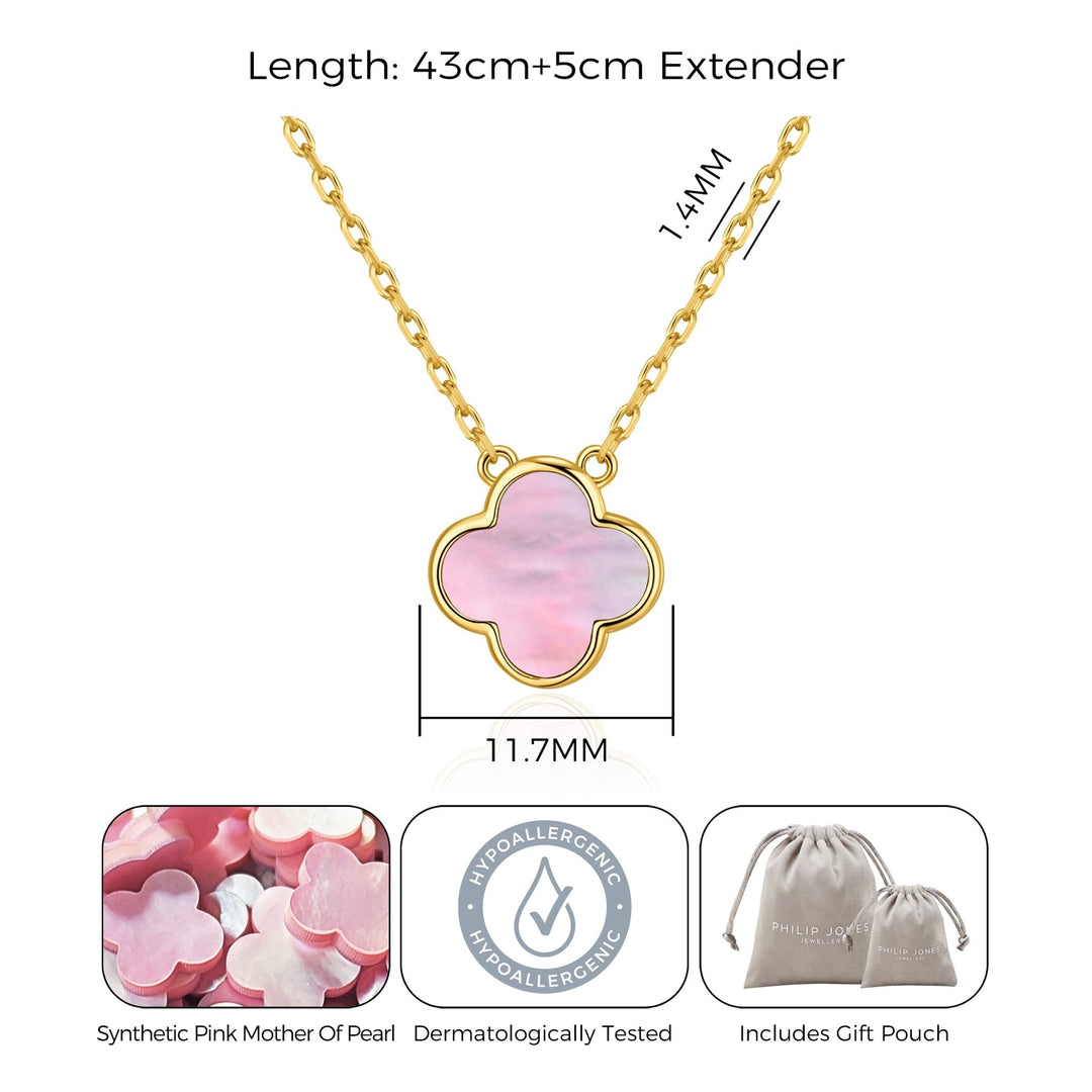 Gold Plated Pink Mother of Pearl Gemstone Clover Necklace - Philip Jones Jewellery