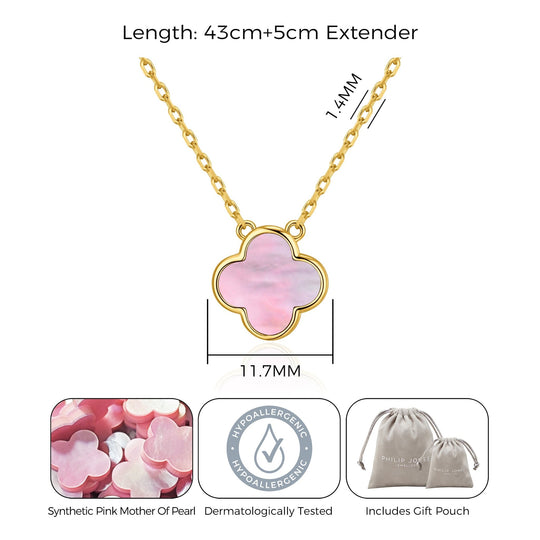 Gold Plated Pink Mother of Pearl Gemstone Clover Necklace - Philip Jones Jewellery
