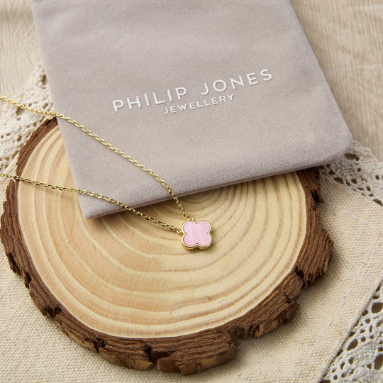Gold Plated Pink Mother of Pearl Gemstone Clover Necklace - Philip Jones Jewellery