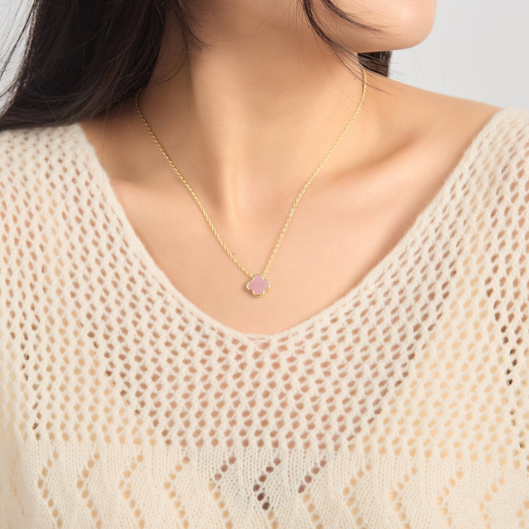 Gold Plated Pink Mother of Pearl Gemstone Clover Necklace - Philip Jones Jewellery