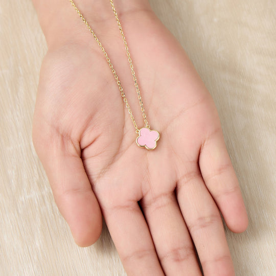 Gold Plated Pink Mother of Pearl Gemstone Clover Necklace - Philip Jones Jewellery