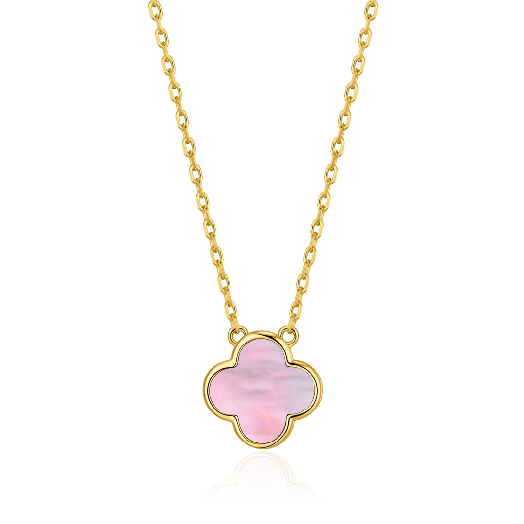 Gold Plated Pink Mother of Pearl Gemstone Clover Necklace - Philip Jones Jewellery