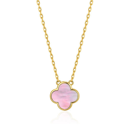 Gold Plated Pink Mother of Pearl Gemstone Clover Necklace - Philip Jones Jewellery