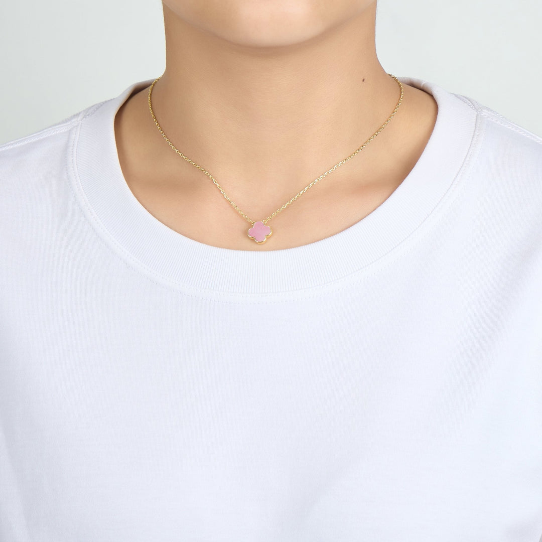 Gold Plated Pink Mother of Pearl Gemstone Clover Necklace - Philip Jones Jewellery