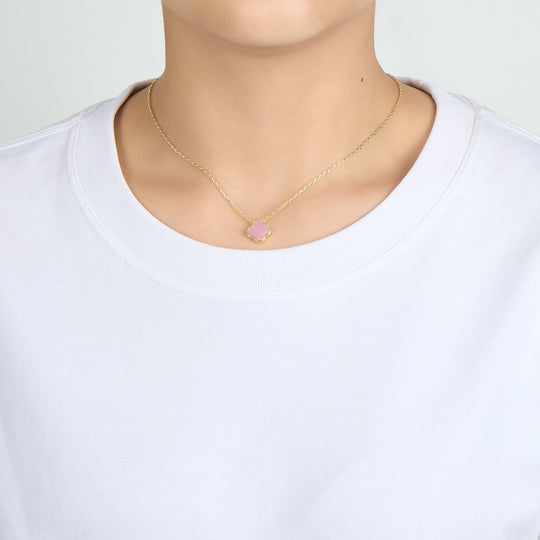 Gold Plated Pink Mother of Pearl Gemstone Clover Necklace - Philip Jones Jewellery