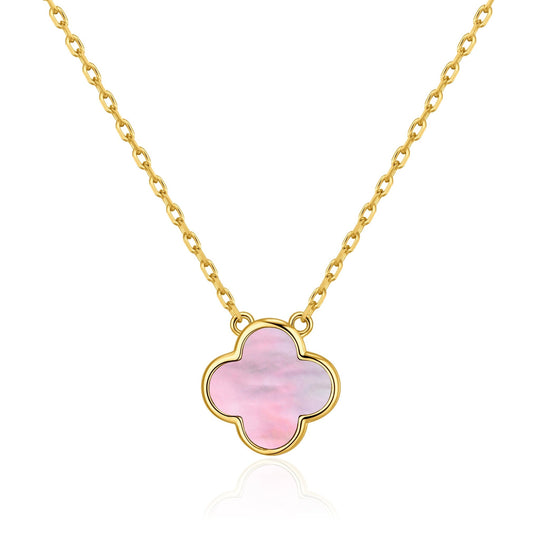 Gold Plated Pink Mother of Pearl Gemstone Clover Necklace - Philip Jones Jewellery
