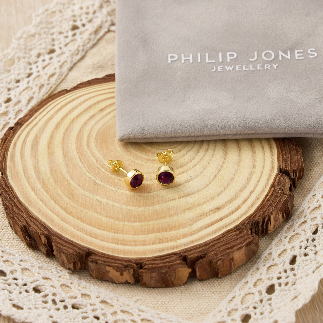 Gold Plated Purple Stud Earrings Created with Zircondia® Crystals - Philip Jones Jewellery