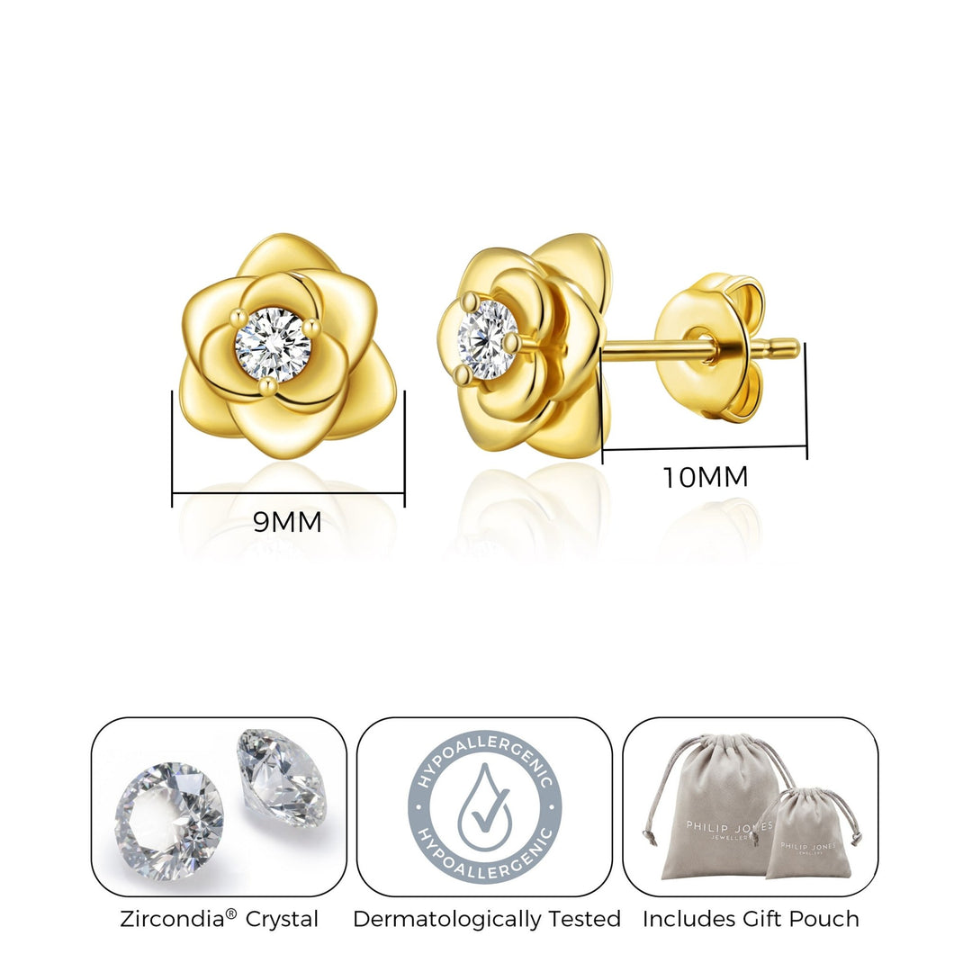 Gold Plated Rose Earrings Created with Zircondia® Crystals - Philip Jones Jewellery