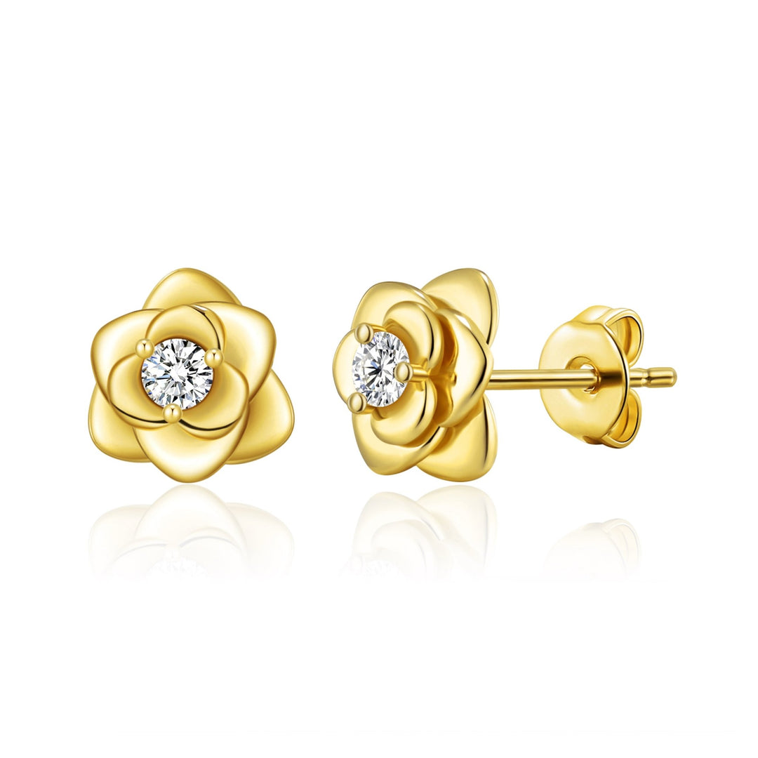Gold Plated Rose Earrings Created with Zircondia® Crystals - Philip Jones Jewellery