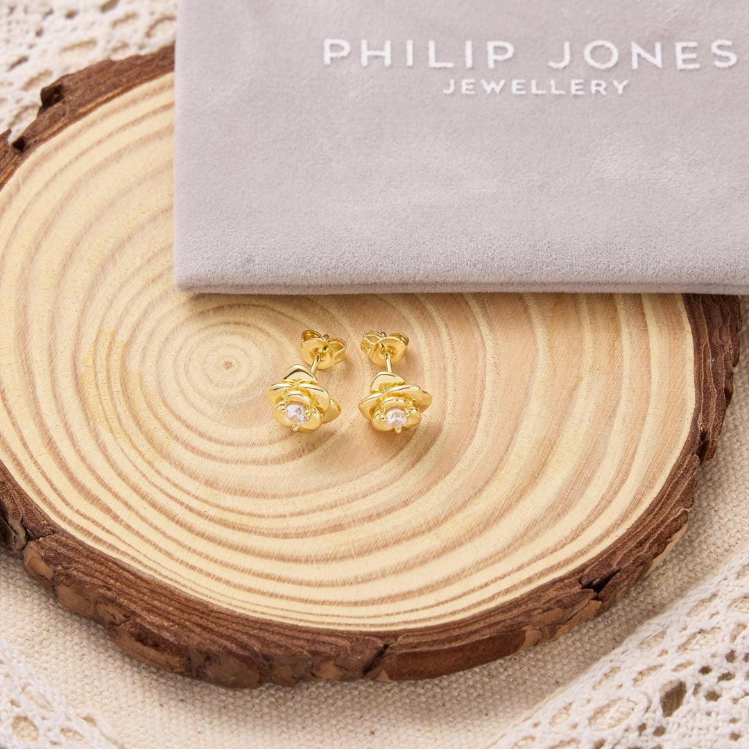 Gold Plated Rose Earrings Created with Zircondia® Crystals - Philip Jones Jewellery