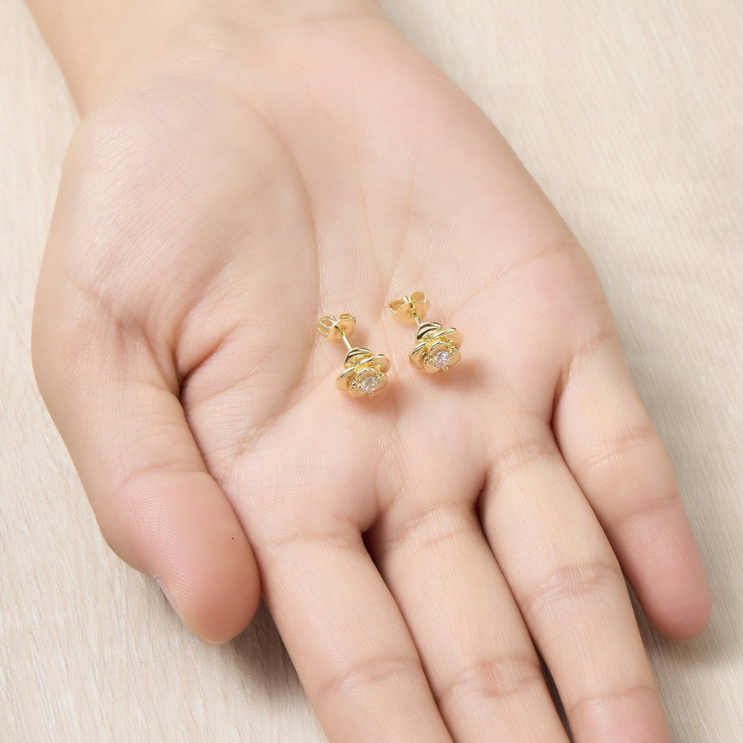 Gold Plated Rose Earrings Created with Zircondia® Crystals - Philip Jones Jewellery