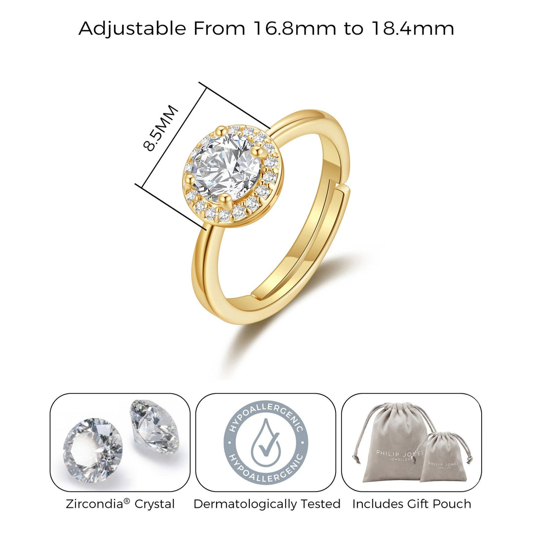 Gold Plated Round Halo Ring Created with Zircondia® Crystals - Philip Jones Jewellery