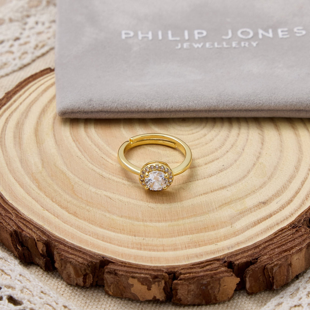 Gold Plated Round Halo Ring Created with Zircondia® Crystals - Philip Jones Jewellery