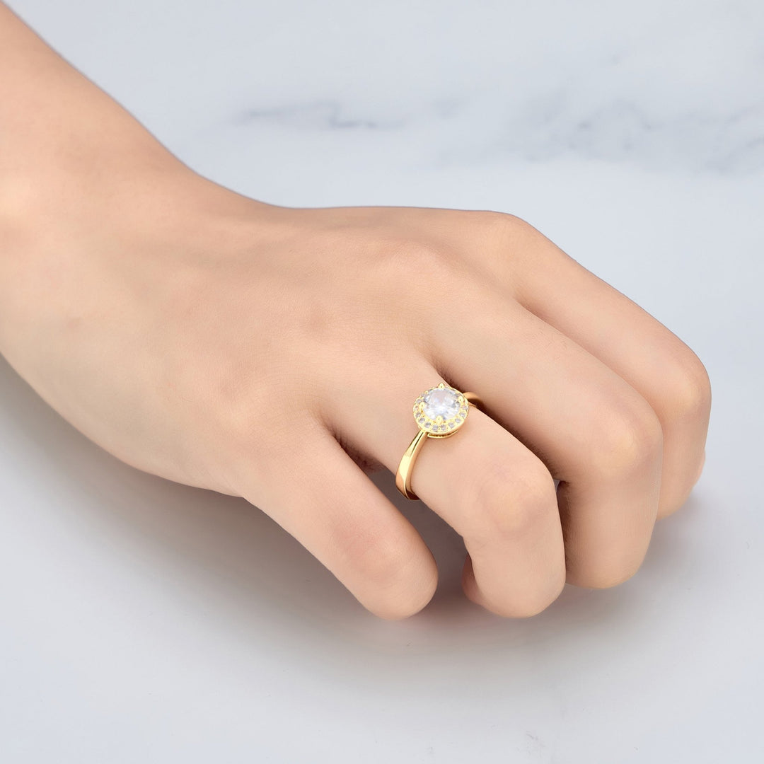 Gold Plated Round Halo Ring Created with Zircondia® Crystals - Philip Jones Jewellery