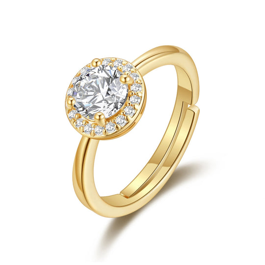 Gold Plated Round Halo Ring Created with Zircondia® Crystals - Philip Jones Jewellery