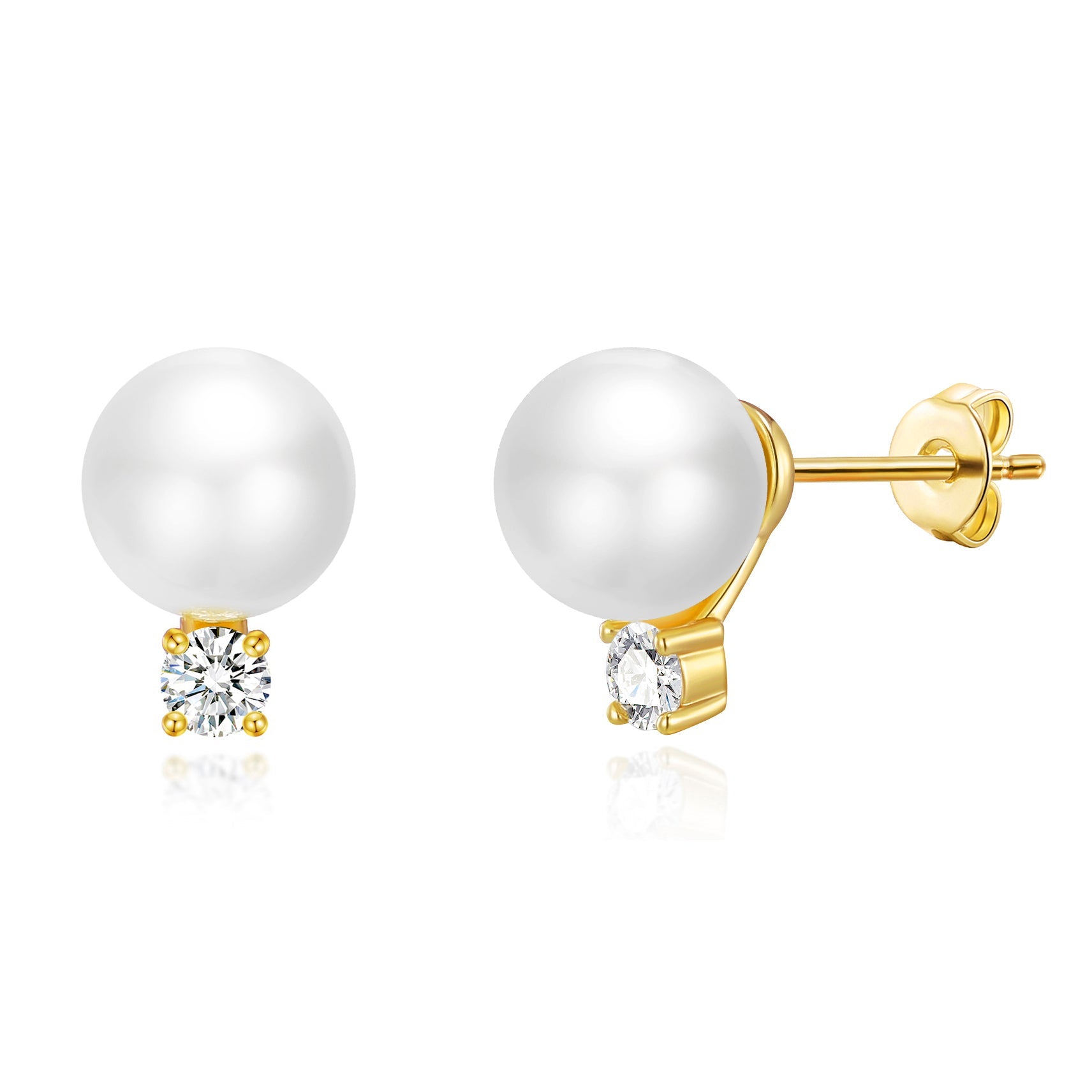 Gold Plated Round Shell Pearl Earrings Created with Zircondia® Crystals - Philip Jones Jewellery