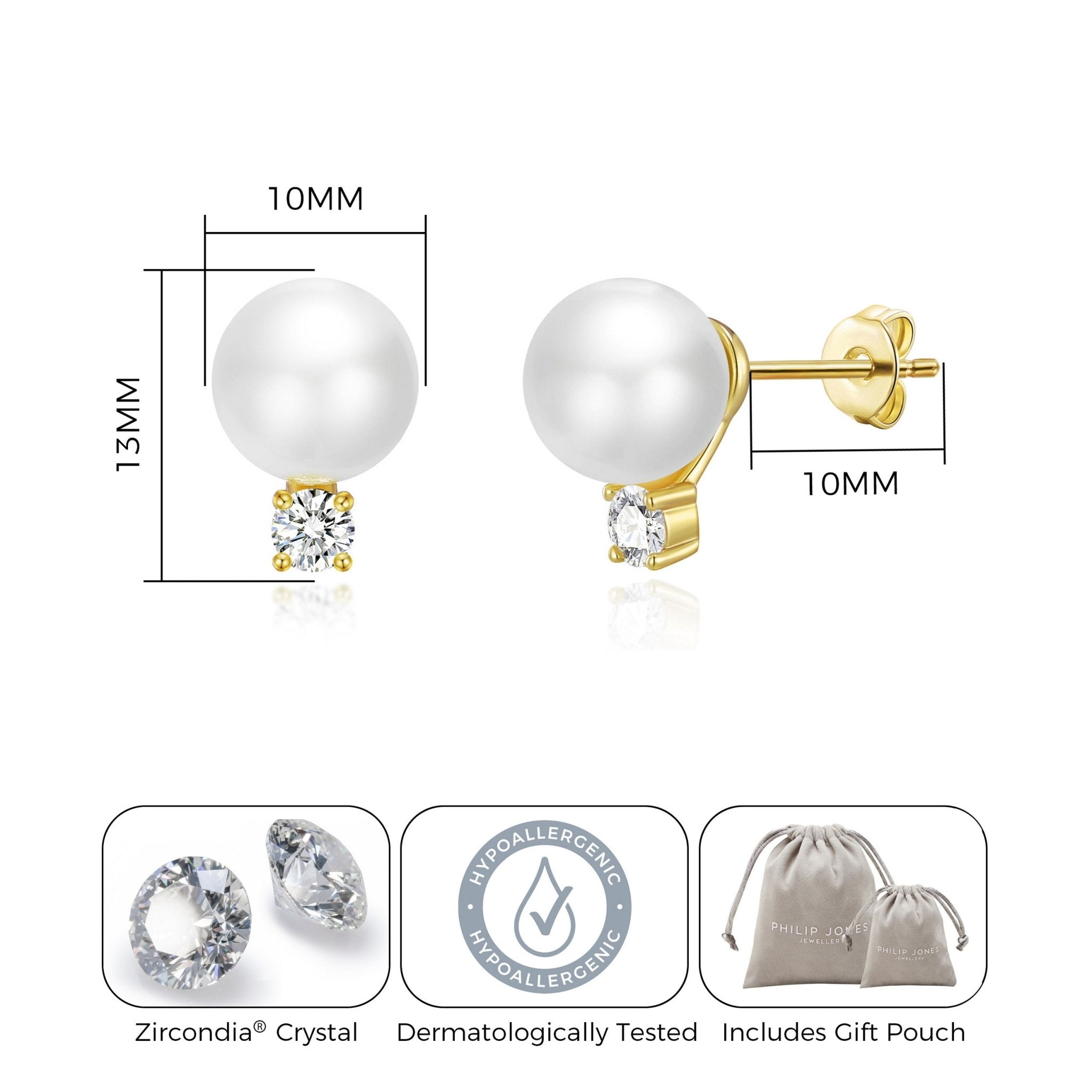 Gold Plated Round Shell Pearl Earrings Created with Zircondia® Crystals - Philip Jones Jewellery