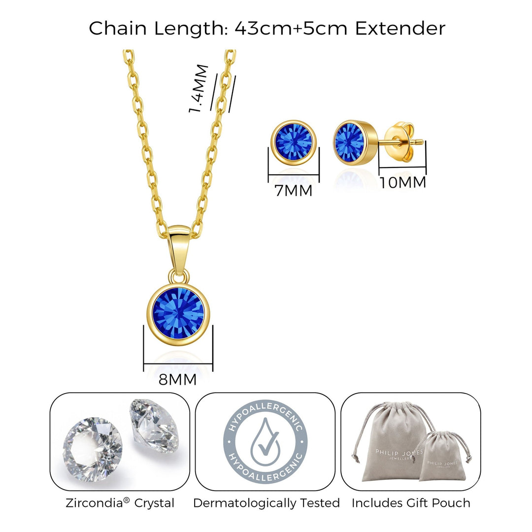 Gold Plated September (Sapphire) Birthstone Necklace & Earrings Set Created with Zircondia® Crystals - Philip Jones Jewellery