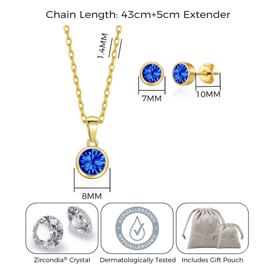 Gold Plated September (Sapphire) Birthstone Necklace & Earrings Set Created with Zircondia® Crystals - Philip Jones Jewellery