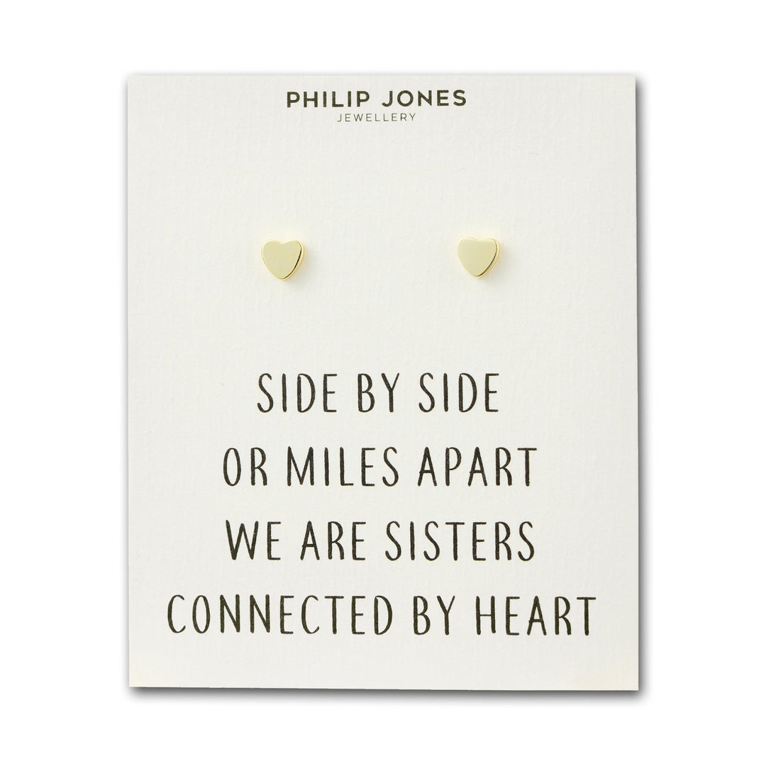 Gold Plated Sister Heart Stud Earrings with Quote Card - Philip Jones Jewellery
