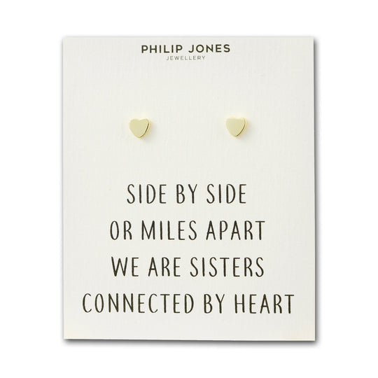 Gold Plated Sister Heart Stud Earrings with Quote Card - Philip Jones Jewellery