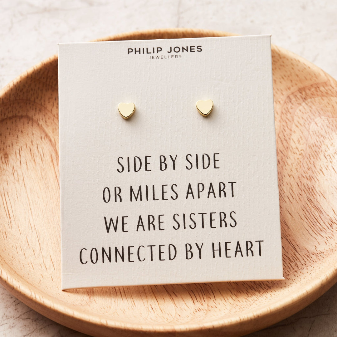 Gold Plated Sister Heart Stud Earrings with Quote Card - Philip Jones Jewellery
