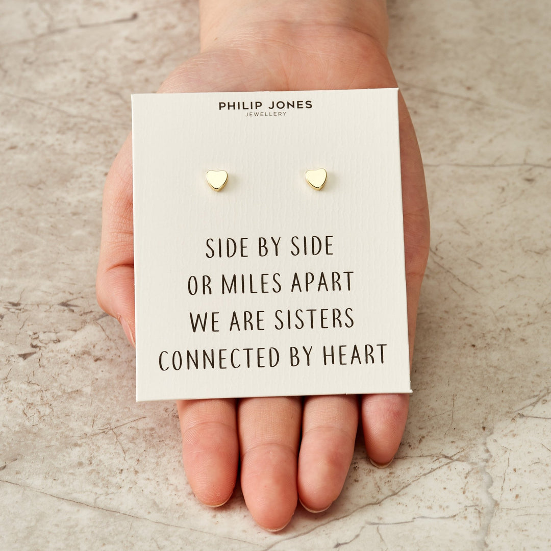 Gold Plated Sister Heart Stud Earrings with Quote Card - Philip Jones Jewellery