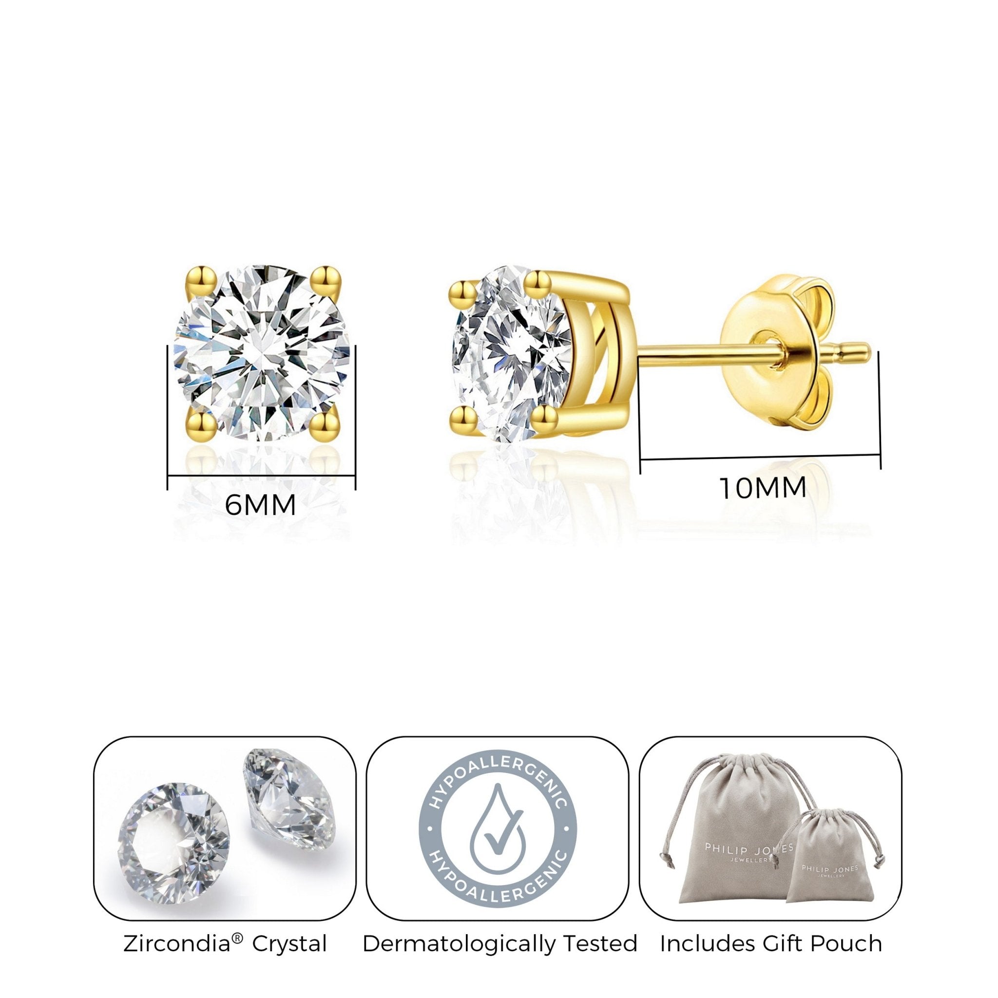 Gold Plated Solitaire Crystal Stud Earrings Created with Zircondia® Crystals - Philip Jones Jewellery