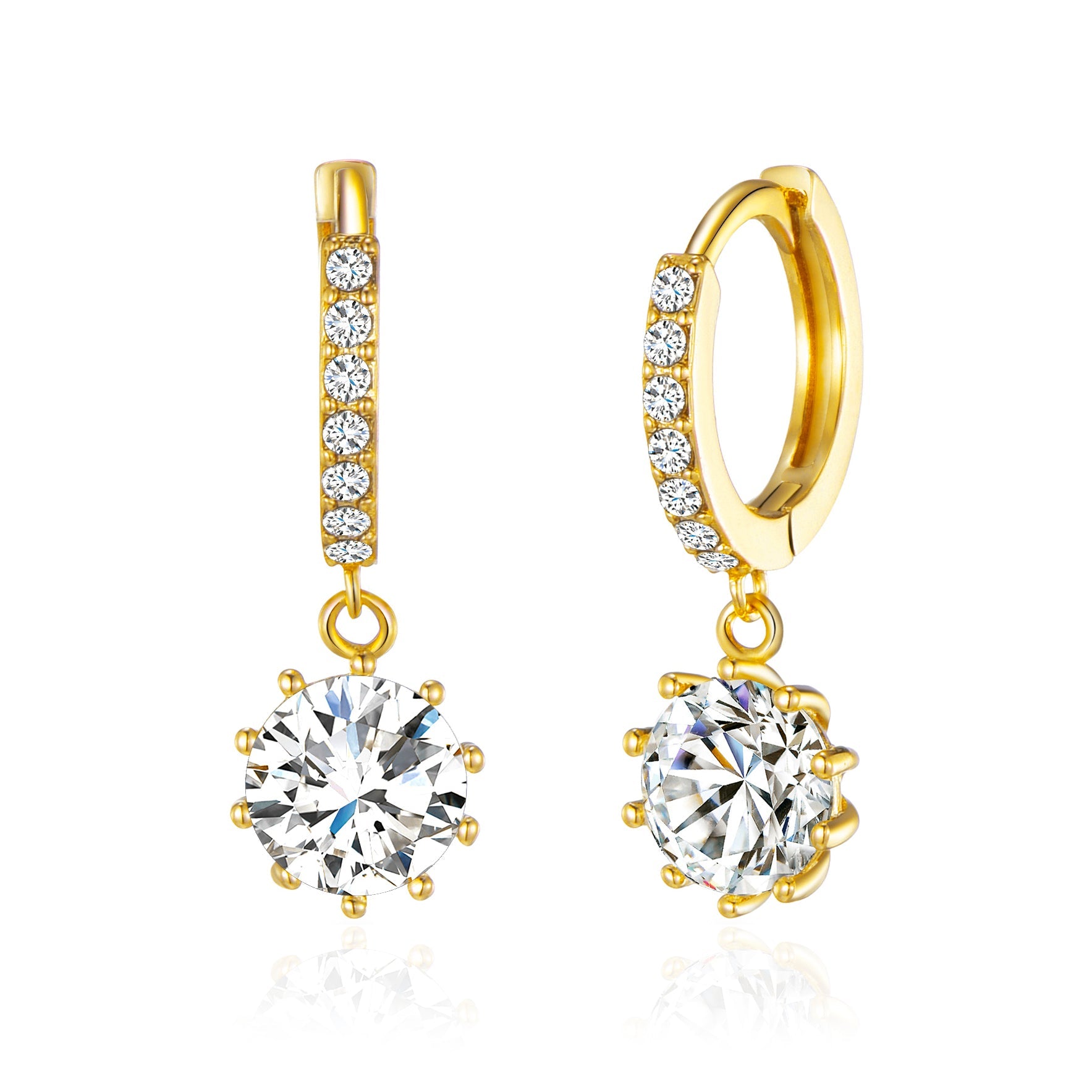 Gold Plated Solitaire Drop Hoop Earrings Created with Zircondia® Crystals - Philip Jones Jewellery