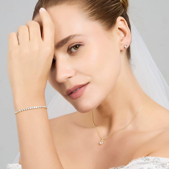 Gold Plated Solitaire Friendship Bridal Set Created with Zircondia® Crystals - Philip Jones Jewellery