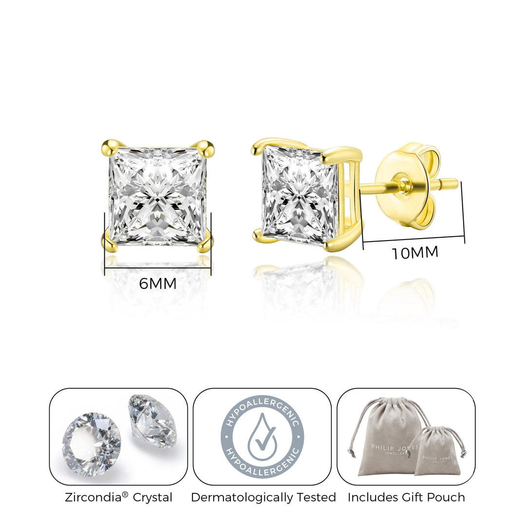 Gold Plated Square Earrings Created with Zircondia® Crystals - Philip Jones Jewellery